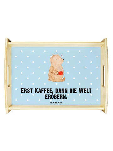 Mr. & Mrs. Panda Tablett Bär Kaffee mit Spruch in Blau Pastell