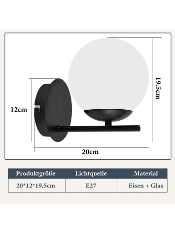 ZMH Wandleuchte in schwarz 1-flammige E27 Moderne weiß Glaskugel Design Max.40W