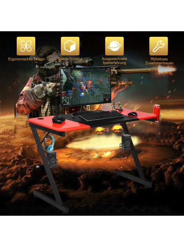 COSTWAY Z-förmige Gaming Tisch mit Carbonfaser-Oberfläche in Schwarz