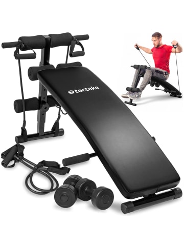 tectake Sit-up-Trainer, inkl. 2 Hanteln & elastische Seile, 6-fach verstellbar