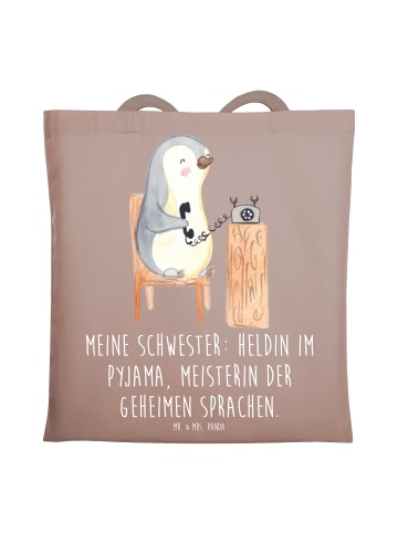 Mr. & Mrs. Panda Tragetasche Schwester Heldin mit Spruch in Braun Pastell