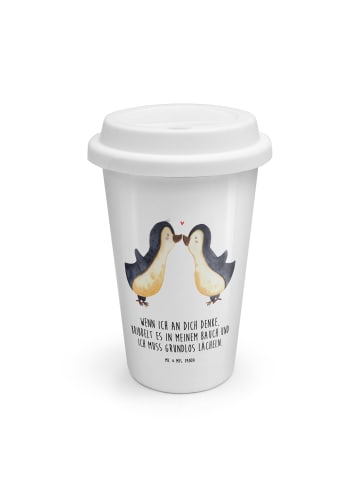 Mr. & Mrs. Panda ToGo Kaffeebecher Pinguine Kuss mit Spruch in Weiß