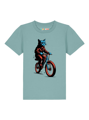 wat? Apparel T-Shirt Katze auf Fahrrad in Teal Monstera