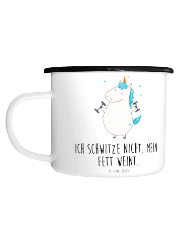 Mr. & Mrs. Panda XL Emaille Tasse Einhorn Fitness mit Spruch in Weiß