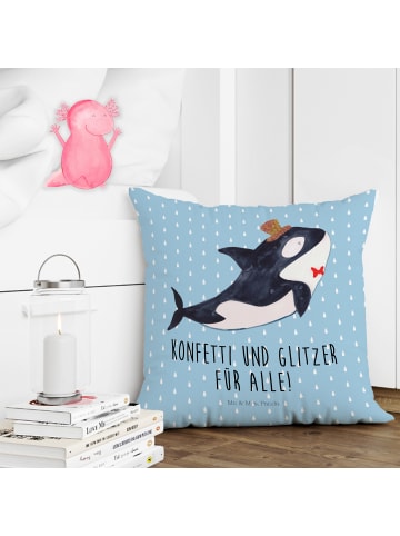 Mr. & Mrs. Panda Dekokissen Orca Zylinder mit Spruch in Blau Pastell