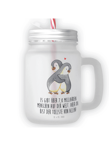 Mr. & Mrs. Panda Trinkglas Mason Jar Pinguine Kuscheln mit Spruch in Transparent