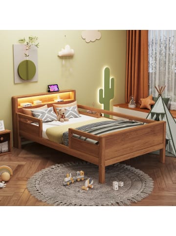 ABRIHOME Einzelbett Kinderbett 90 x 200 cm mit LED, USB und Tape C Ablagefunktion, Holzfarbe