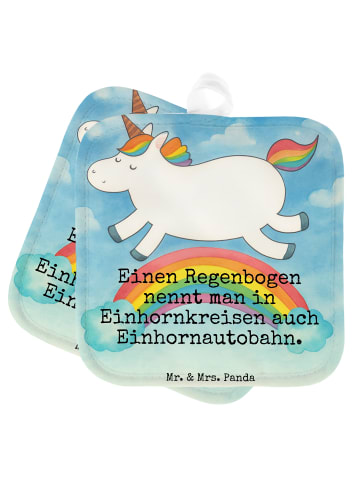 Mr. & Mrs. Panda Topflappen Einhorn Regenbogen Design mit Spruch in Weiß
