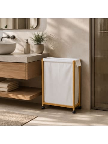 NUXIO Wäschekorb aus Bambus mit Rollen in Beige, (B) 28 x (H) 80 x (L) 55 cm