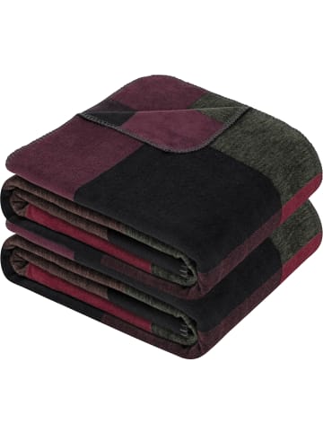 Ibena Jacquard, Baumwollmischung Wohndecke 2er-Pack in beere/schwarz