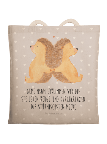 Mr. & Mrs. Panda Strandtasche Igel händchenhaltend mit Spruch in Grau Pastell