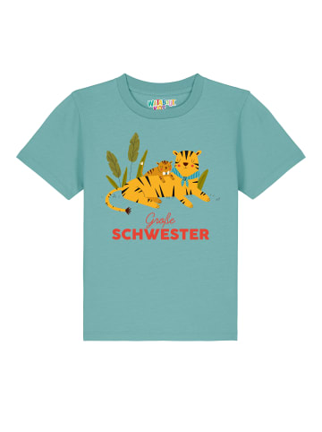 wat? Apparel T-Shirt Tiger Große Schwester in Teal Monstera