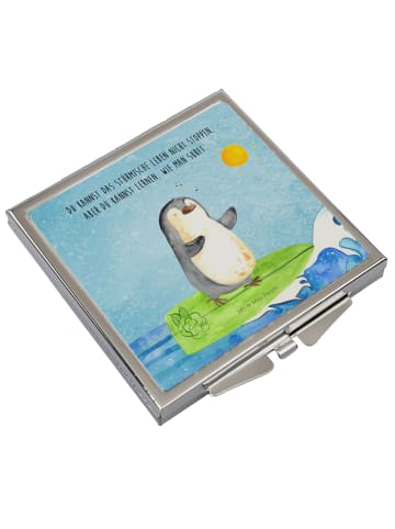 Kosmetikspiegel Pinguin Surfer mit Spruch in Eisblau