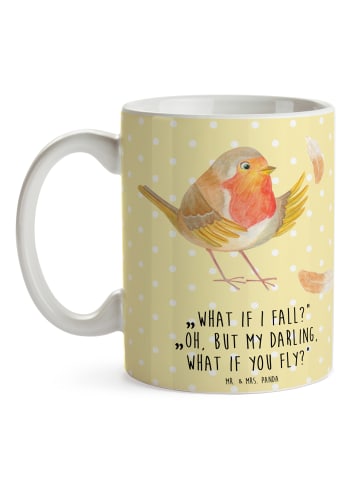Mr. & Mrs. Panda Kaffeetasse Rotkehlchen Federn mit Spruch in Gelb Pastell