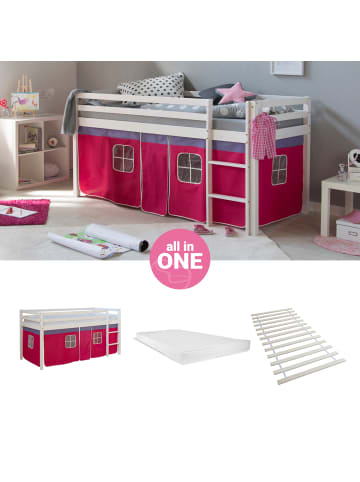 Homestyle4u Hochbett 90x200 mit Vorhang, Lattenrost und Matratze in Weiß