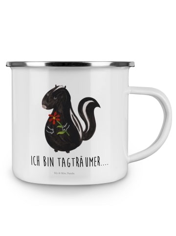 Mr. & Mrs. Panda Camping Emaille Tasse Stinktier Blume mit Spruch in Weiß