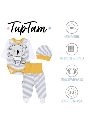 TupTam Baby Bekleidungsset Langarmbody Hose Mütze3 teilig in grau/gelb