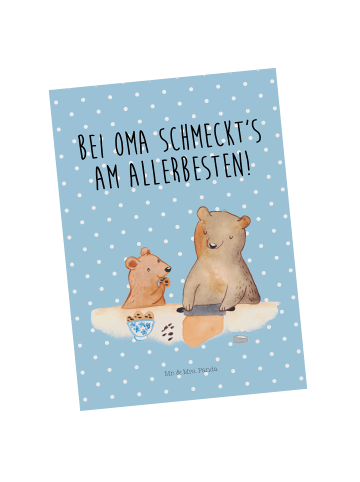 Mr. & Mrs. Panda Postkarte Oma Backen mit Spruch in Blau Pastell