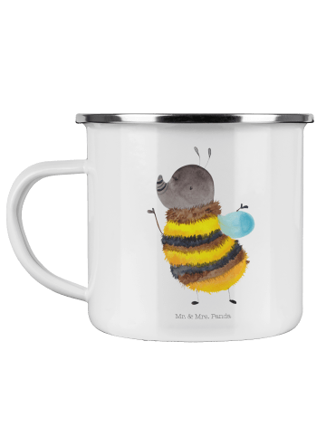 Mr. & Mrs. Panda Camping Emaille Tasse Hummel flauschig ohne Spruch in Weiß