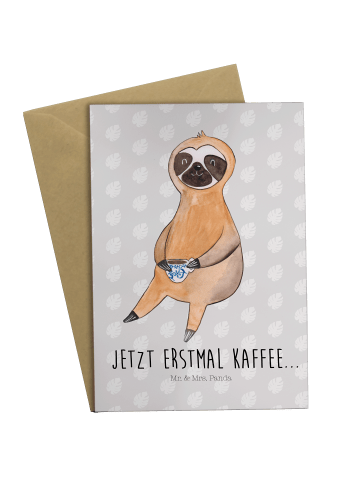 Mr. & Mrs. Panda Grußkarte Faultier Kaffee mit Spruch in Grau Pastell
