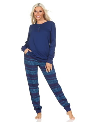NORMANN Langarm Schlafanzug Pyjama Bündchen Ethnolook - 87068 in marine