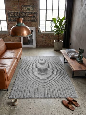 KADIMA DESIGN Hochflorteppich 3D Bögen Boho Waschbar Wohnzimmer in Silber