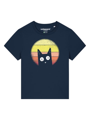 wat? Apparel T-Shirt Sunset Cat in Dunkelblau