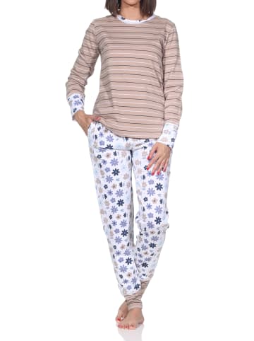 NORMANN Langarm Schlafanzug Pyjama Bündchen Streifen in creme