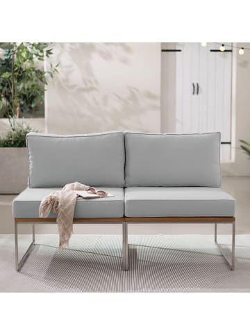 home24 home24 Loungesofa 2-teilig - Webstoff / Teak massiv / Edelstahl - Hellgrau - 140 x 74 x 70 cm in Hellgrau