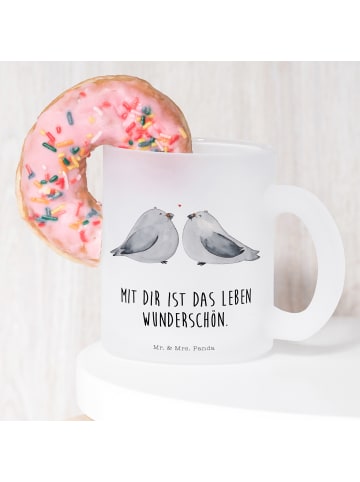Mr. & Mrs. Panda Glasbecher Turteltauben Liebe mit Spruch in Transparent