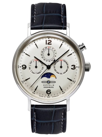 Zeppelin Herrenuhr Quarz Hindenburg mit Mondphase Silber / Blau