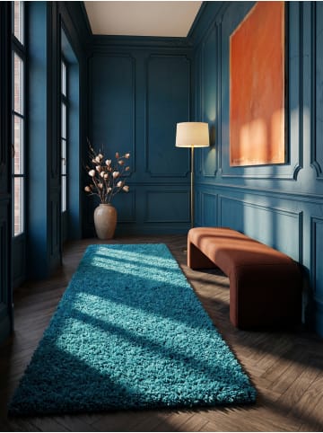 KADIMA DESIGN Teppich Hochflor Shaggy Waschbar Einfarbig RHEIN Strapazierfähig in Türkis