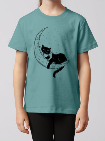 wat? Apparel T-Shirt Katze auf dem Mond in Teal Monstera