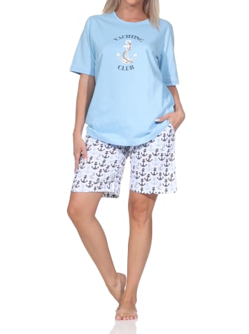 NORMANN Kurzarm Pyjama Schlafanzug Shorty Maritimer Look in hellblau