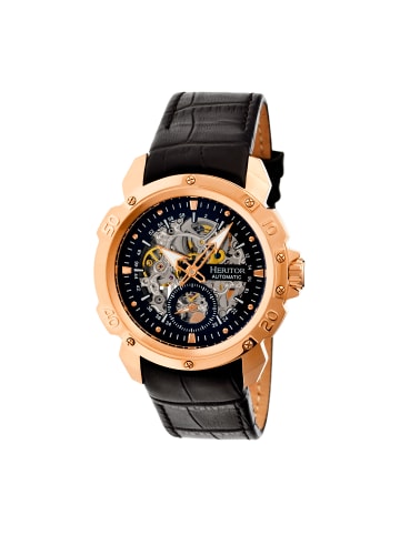 Heritor Conrad Skelett-Uhr mit Lederarmband in Rose Gold/Black