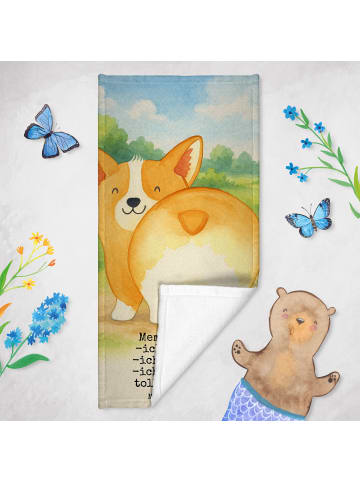 Mr. & Mrs. Panda Badehandtuch Corgi Po Design mit Spruch in Grau Pastell