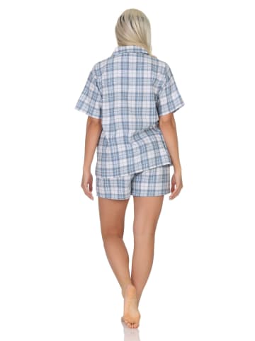 NORMANN Kurzarm Flanell Schlafanzug Shorty Pyjama kariert - 88109 in blau