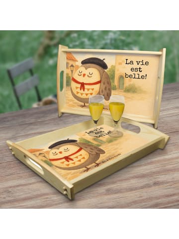 Mr. & Mrs. Panda Holztablett Eule Frankreich Design mit Spruch in Weiß