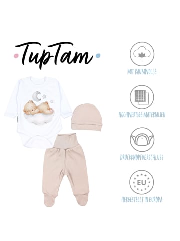 TupTam Baby Bekleidungsset Langarmbody Hose Mütze3 teilig in weiß/beige