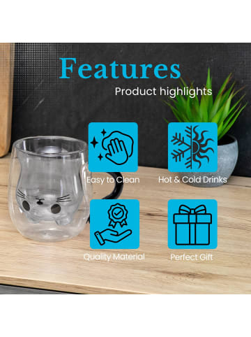 Intirilife Thermo Glas Doppelwandig Katze 200ml in 1x Schwarz