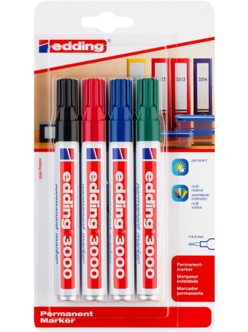 edding Permanentmarker edding 3000 nachfüllbar 1,5-3mm schwarz, rot, blau, grün Packung mit 4 Stück