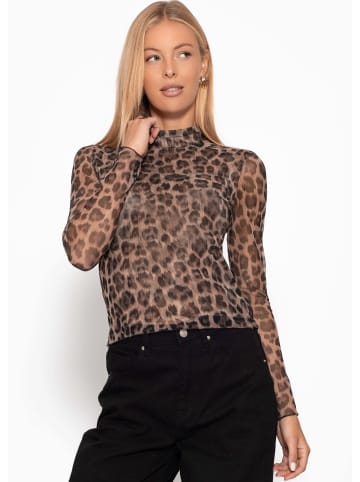 SASSYCLASSY Langarm-Mesh-Shirt mit auffälligem Leo-Print in Braun