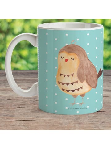 Mr. & Mrs. Panda Mehrwegbecher Eule Zufrieden ohne Spruch in Türkis Pastell