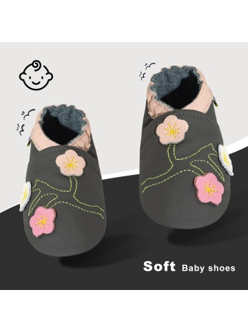 Yalion Krabbelschuh Leder grau Blume Motiv Lauflernschuhe