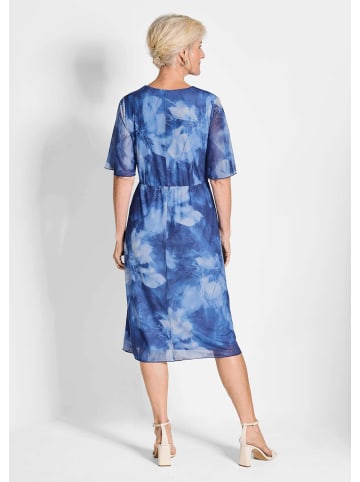 GOLDNER Mesh-Kleid Wickelkleid mit Blütenprint in Blau, tailliert in blau / gemustert