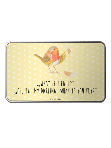 Mr. & Mrs. Panda Teedose Rotkehlchen Federn mit Spruch in Gelb Pastell