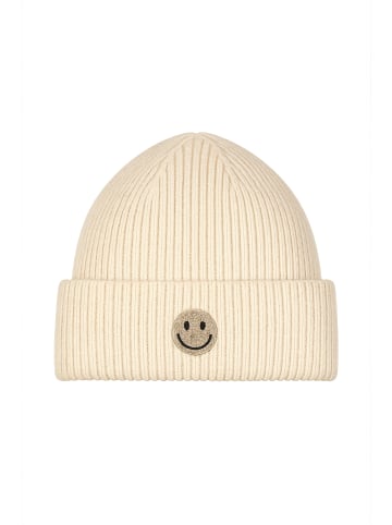 Faera Strickmütze mit Smiley und feinem Rippenstrick in Beige