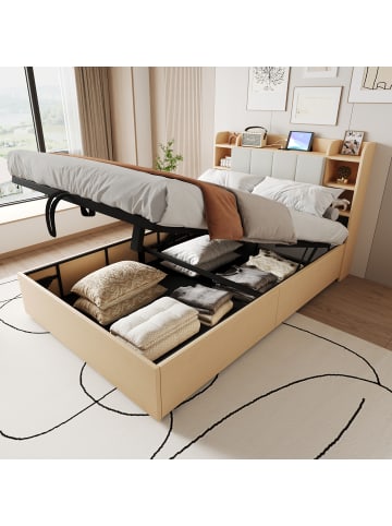 ABRIHOME Einzelbett 140 x 200 cm Hydraulisches Bett mit Stauraum USB Tape-C, Holzfarbe