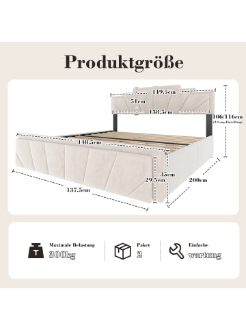 ABRIHOME LED Polsterbett mit Lattenrost und USB in Beige 140x200