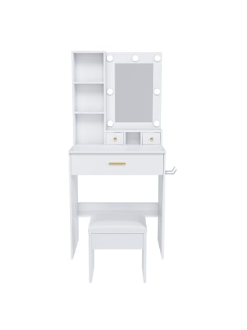 ABRIHOME Schminktisch in Weiß 60x38x131,5 cm mit LED Spiegel Steckdose Hocker